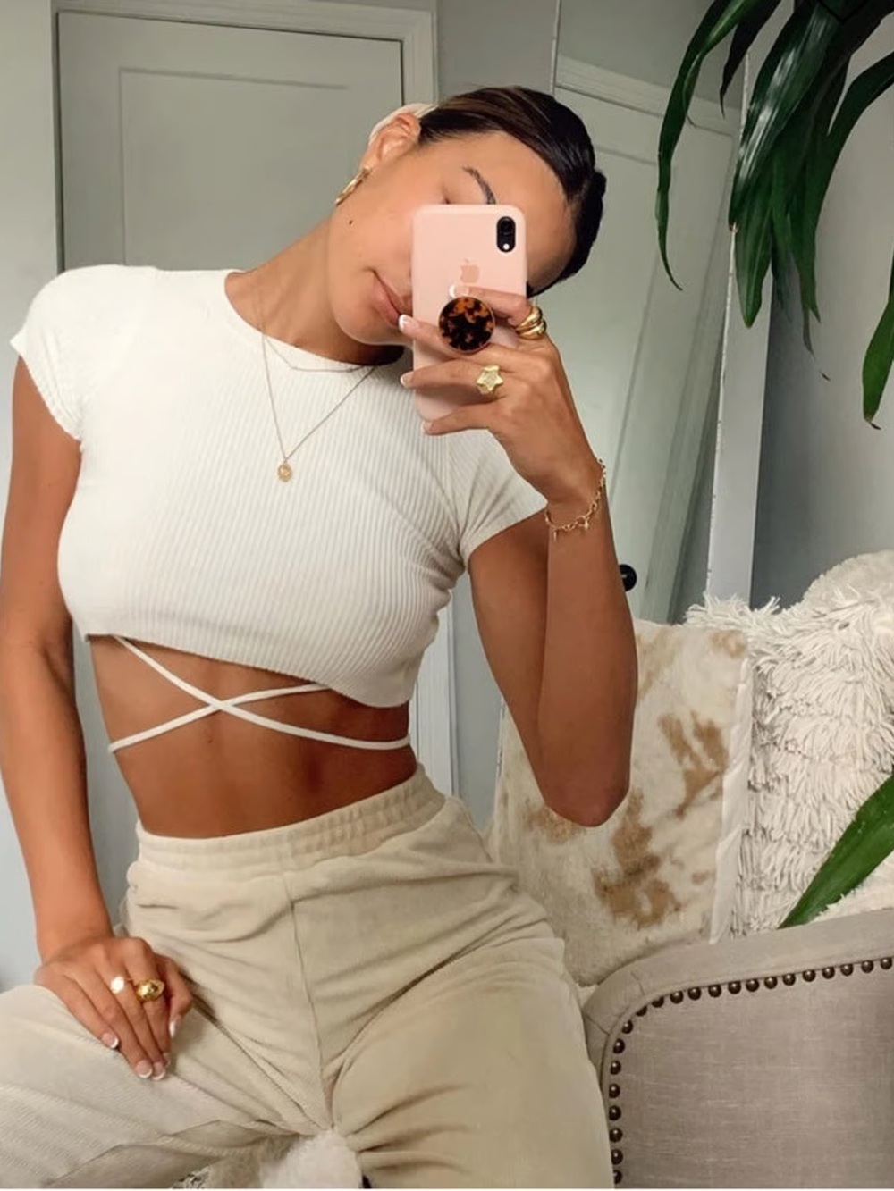 Princess Polly Anita Crop Top Tee White Ribbed Fitted Short Sleeve US 2 NWT - Picture 2 of 16